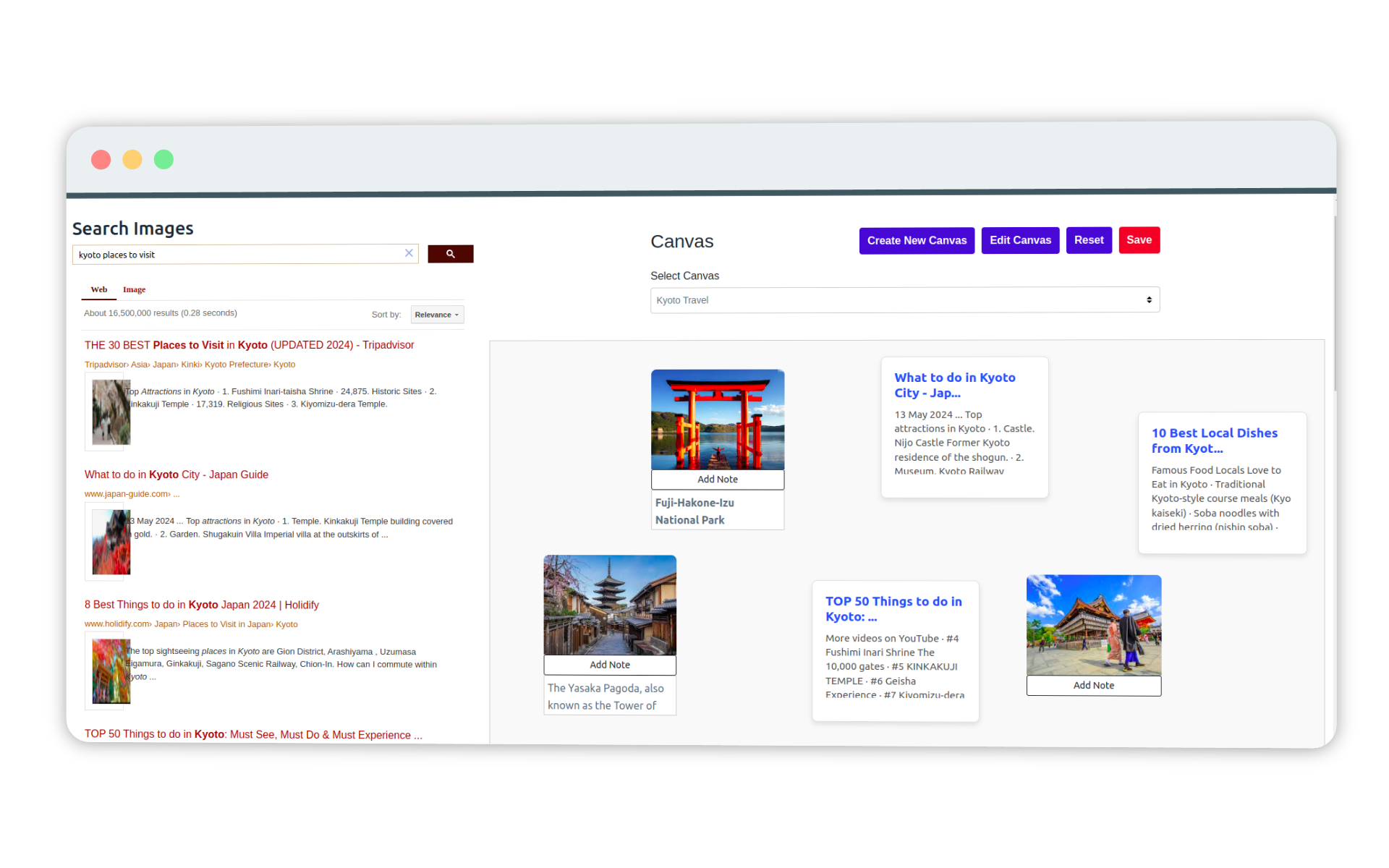 Screenshot of a research tool interface showing a search for 'Kyoto places to visit'. The search results are displayed on the left, while a Canvas on the right displays curated resources and images related to travel in Kyoto.