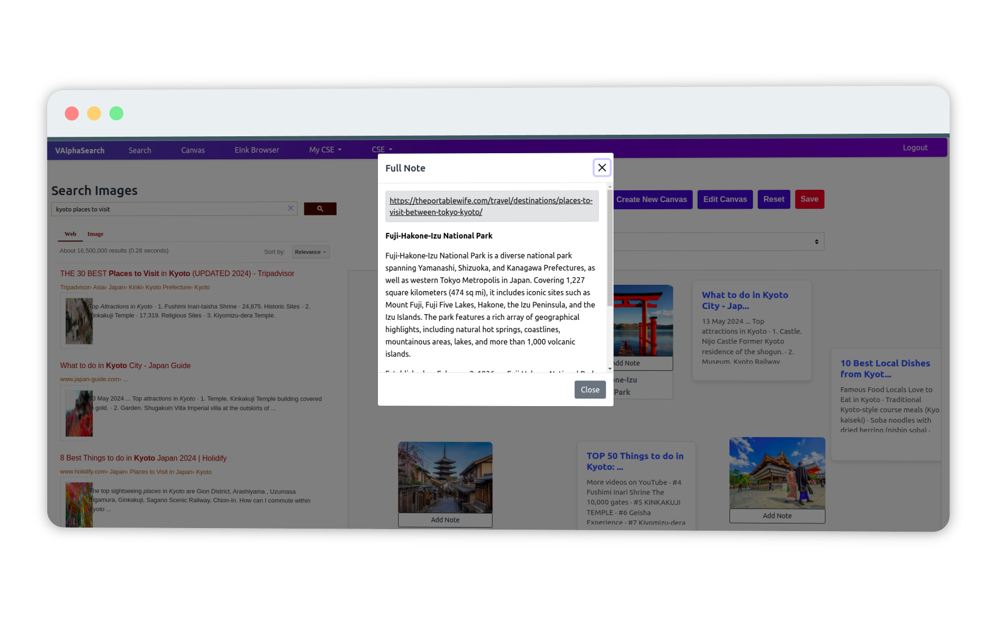 Screenshot of canvas interface showing a search for research topic. The search results are displayed on the left, while a Canvas on the right showcases curated resources and images related to the research topic. A pop-up note with detailed research information is open in the foreground.