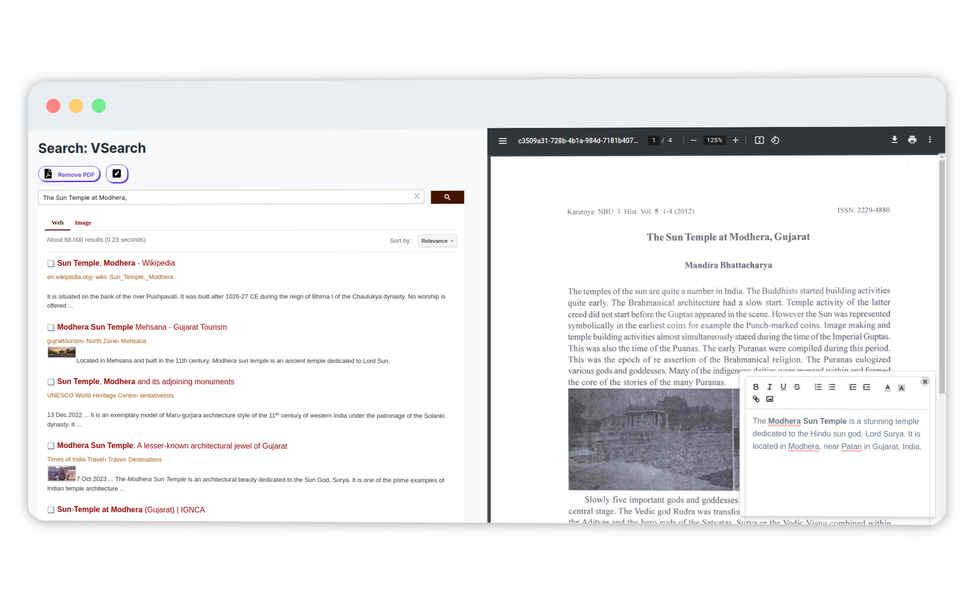 Image Showing Custom Search Results on left side and pdf and note editor in right side