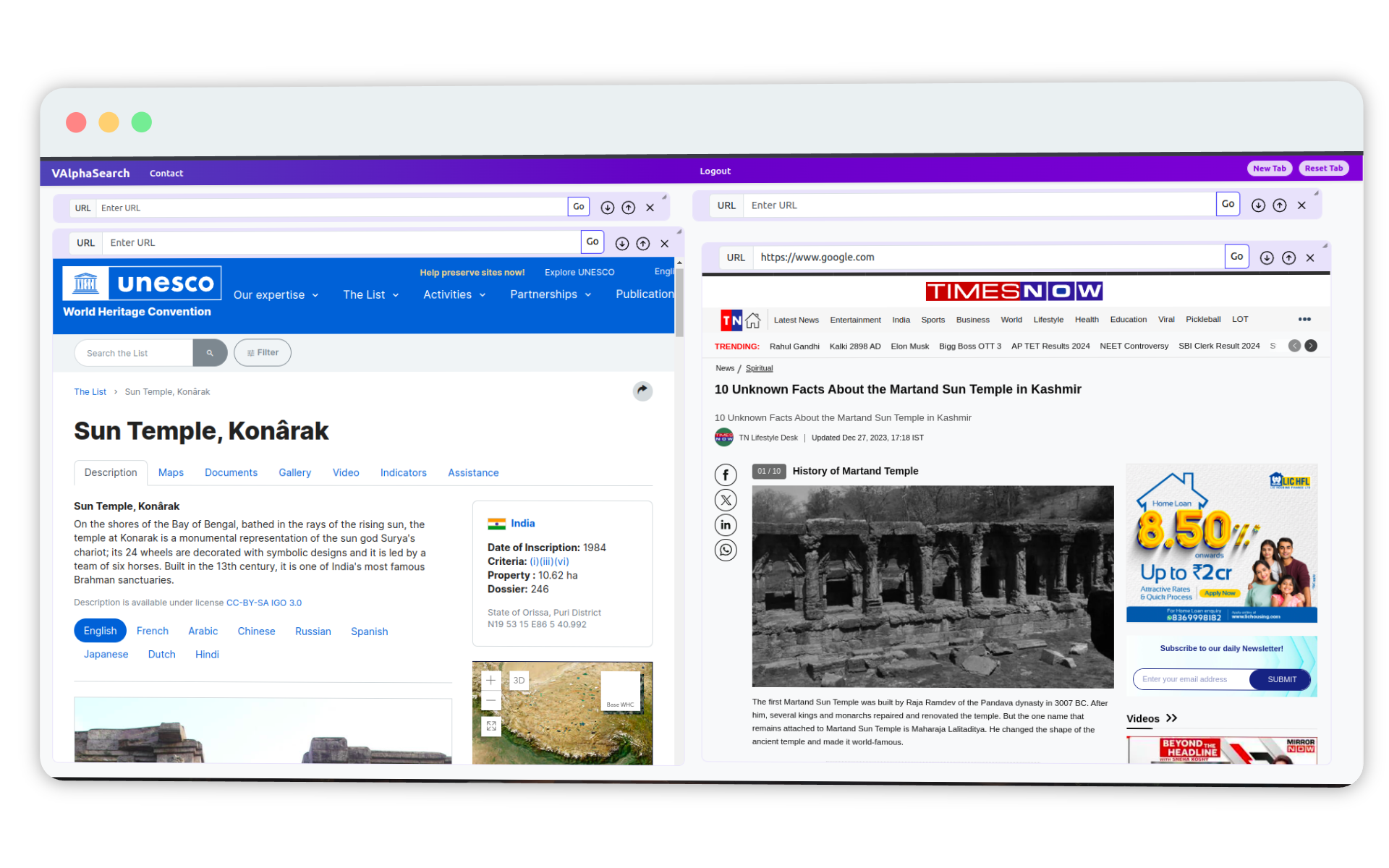 Screenshot of MultiWebSite Viewer displaying two websites side by side. The left section shows an informational page with text and images, while the right section features a news article with a headline and an image